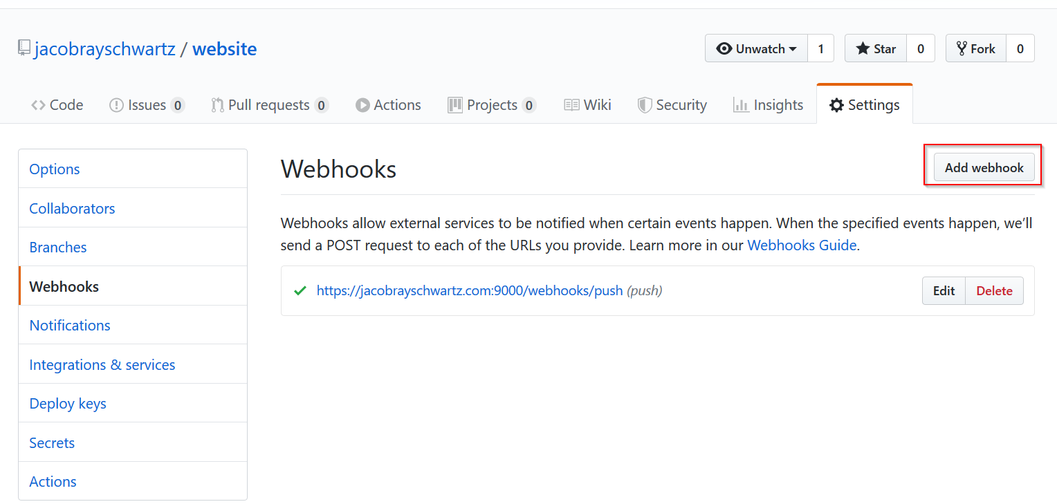 Click 'Add Webhook' from the 'Webhooks' menu